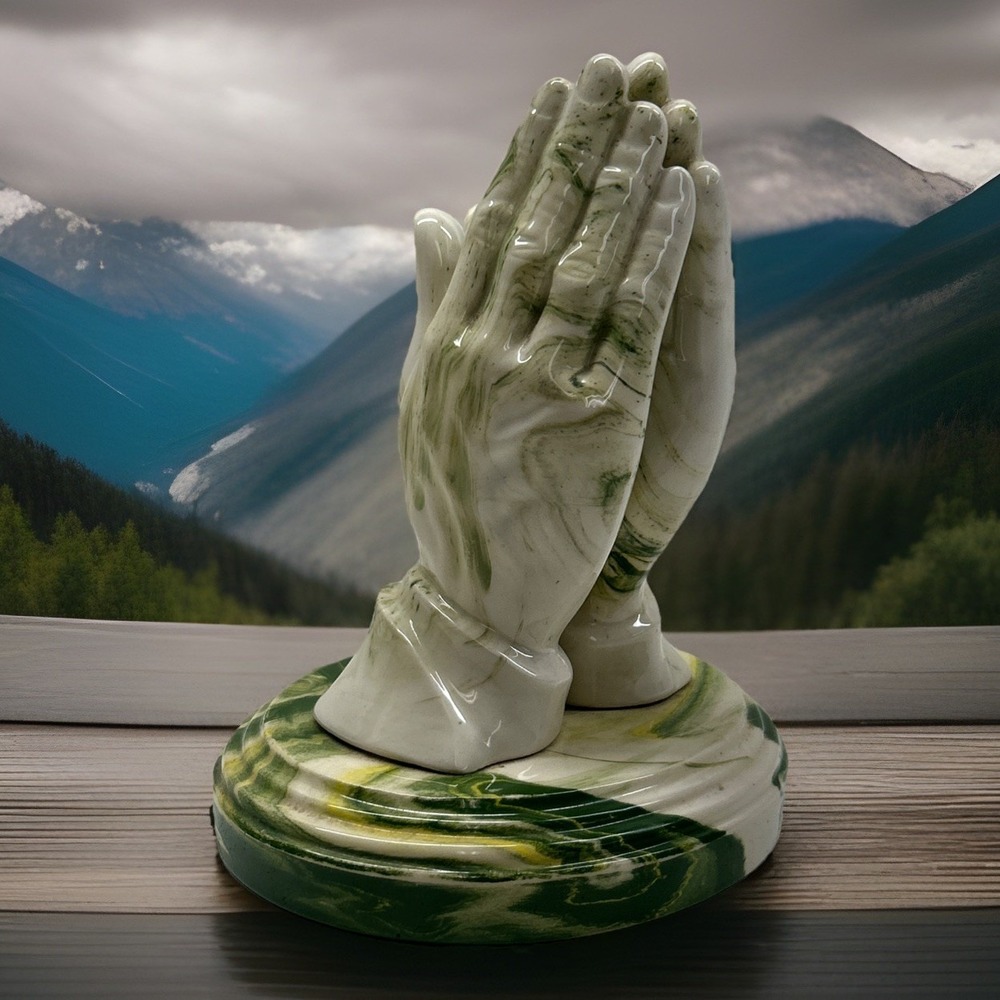Vintage 1972 Marbled Lucite Resin Praying Hands Figurine Statue Decor
